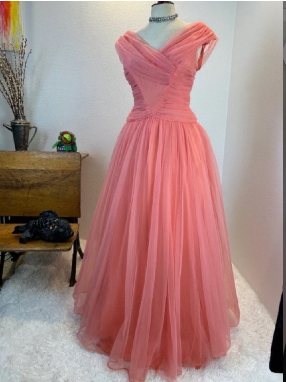 Vintage 50s / 60s  Pink Off-the-Shoulder Tulle Gown / Maxi Dress